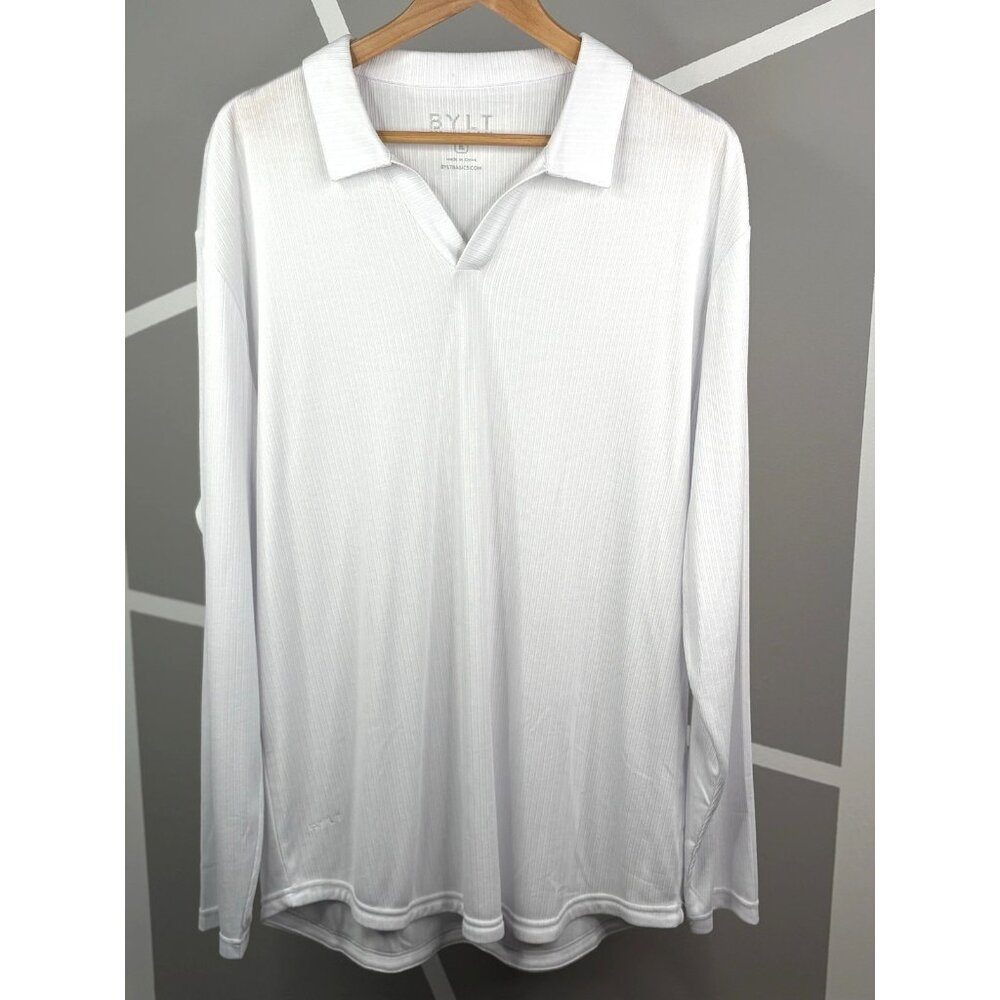 NWT BYLT Premium Basics Ribbed Open V Long Sleeve Polo Men’s XL White